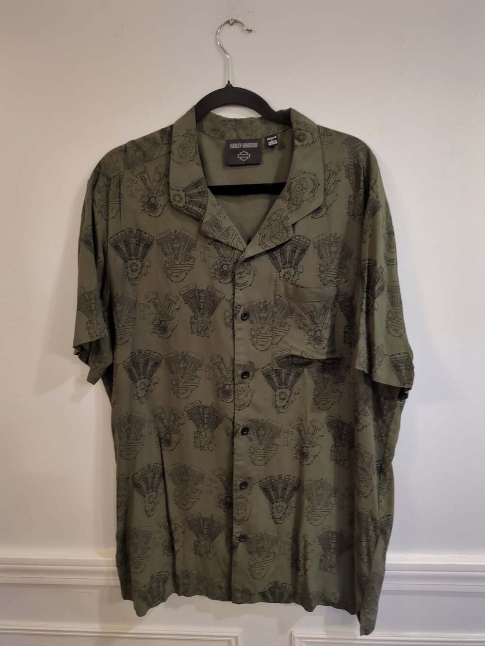 Harley-Davidson Engine Blueprint Print Button Up Shirt Olive Green L